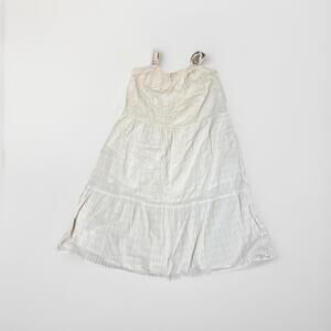 White Tiered Sundress Size Large Boho Gauze Cotton Midi Dress Cottage Core Strap